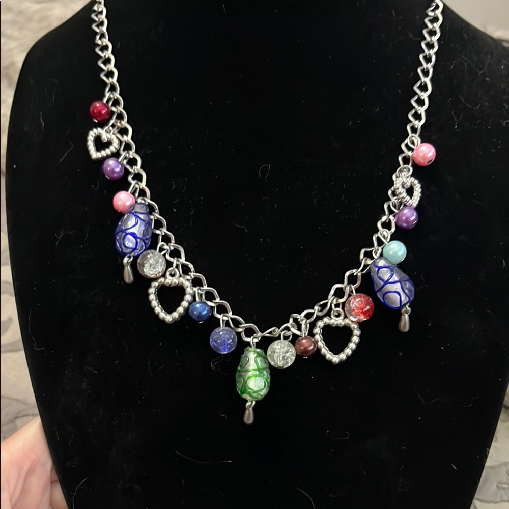 Colorful Beaded Heart Charm Necklace